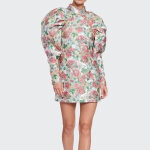 Rotate Kim Puff-Sleeve Floral Rose Jacquard Mini Dress Size EU36 US 4-6 NWT